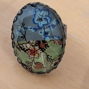 Hand Crafted Floral Oval Glass Dome Statement Ring Blue and Green. Adjustable.